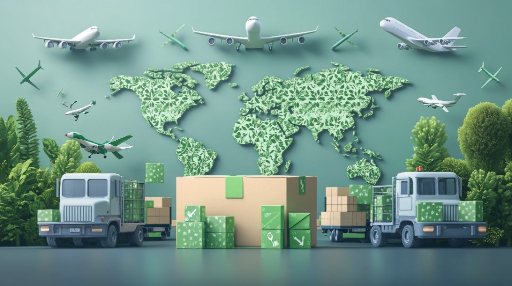 International courier and global delivery with planes, trucks and cargo boxes